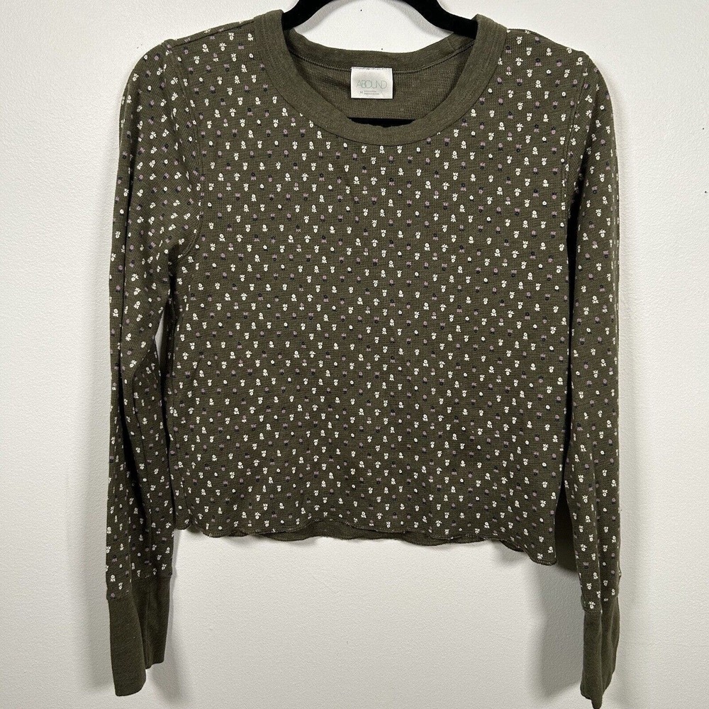 Abound Green Crew Neck Floral Long Sleeve Crop Thermal Knit Top Women's Medium